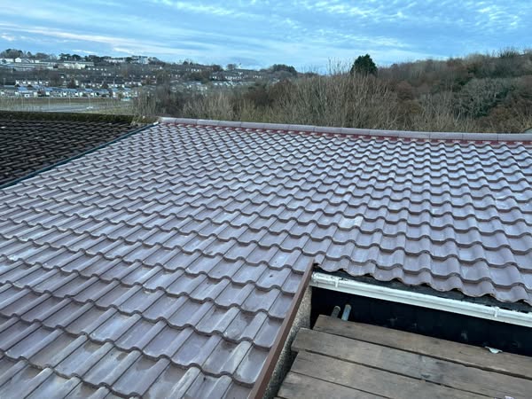 View from a rooftop showing red roof tiles on a clear day, with a landscape of distant houses, trees, and a partly cloudy sky in the background.